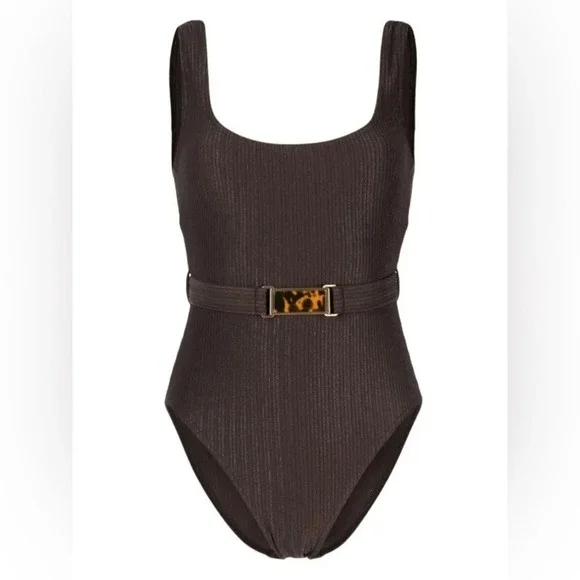Zimmerman NWT 3 Large Laurel Ribbed Belted One-Piece Swimsuit Chocolate Brown - Picture 1 of 11